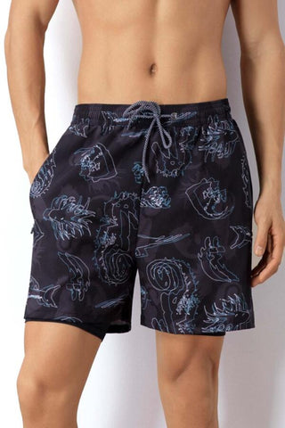 Men Allover Print Drawstring Waist 2 In 1 Swim Trunks