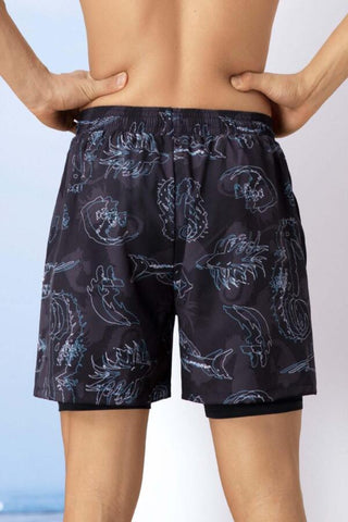 Men Allover Print Drawstring Waist 2 In 1 Swim Trunks