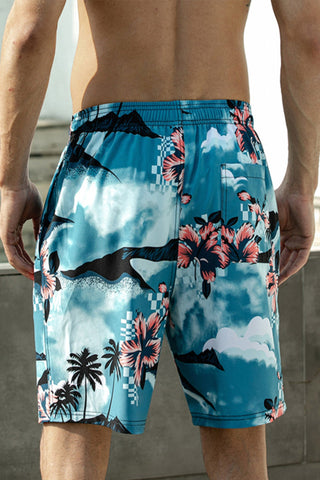 Men Floral Print Drawstring Waist Swim Trunks