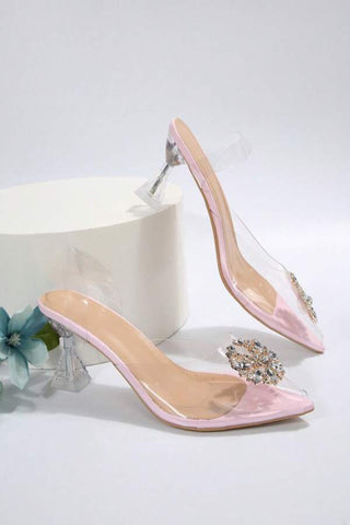 Women Rhinestone Decor Peep Toe Sculptural Heeled Pumps, Glamorous Party Jelly Slingback Pumps