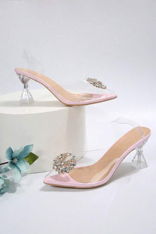 Women Rhinestone Decor Peep Toe Sculptural Heeled Pumps, Glamorous Party Jelly Slingback Pumps