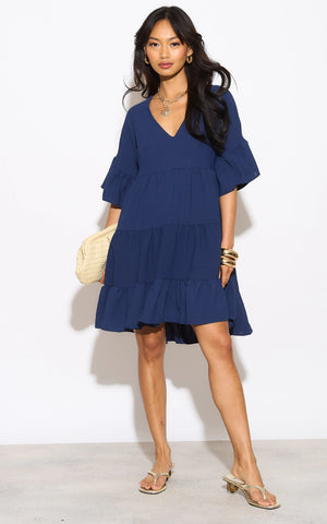 Oversize Mini Ruffle Dress in Navy