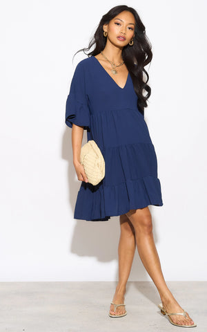 Oversize Mini Ruffle Dress in Navy