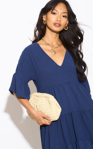 Oversize Mini Ruffle Dress in Navy