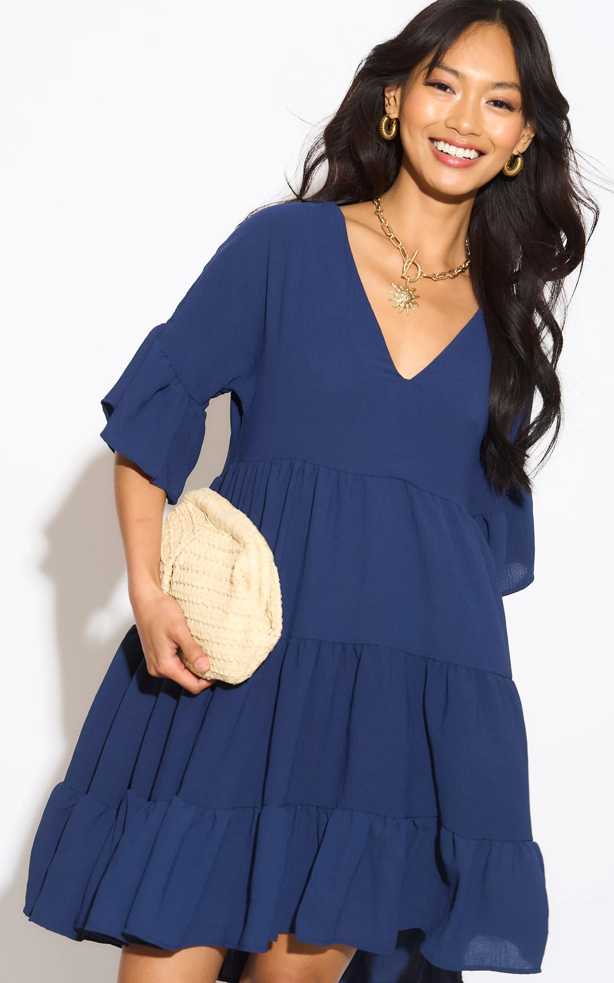 Oversize Mini Ruffle Dress in Navy