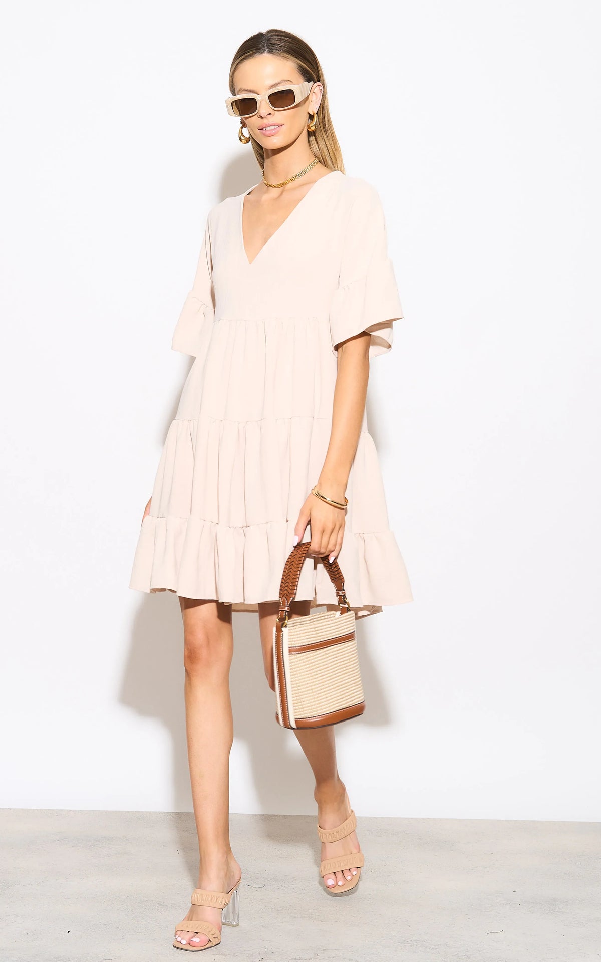 Oversize Mini Ruffle Dress in Beige