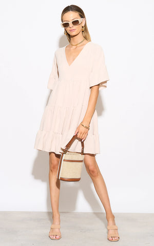 Oversize Mini Ruffle Dress in Beige