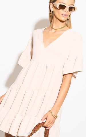 Oversize Mini Ruffle Dress in Beige