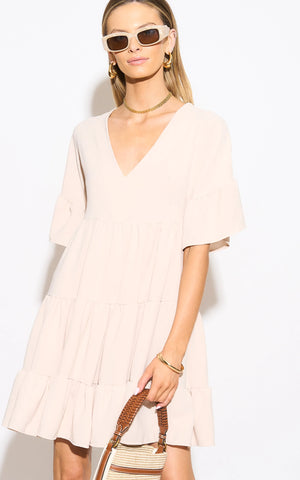 Oversize Mini Ruffle Dress in Beige