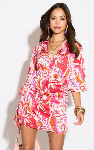 Satin Wrap Mini Dress in Pink Floral print