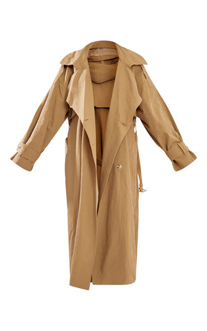 WOVEN HOODED OVERSIZED TRENCH COAT
