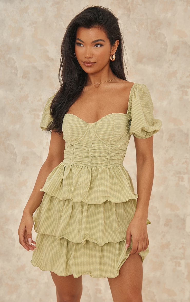 CRINKLE CUP DETAIL TIERED SKIRT SKATER DRESS