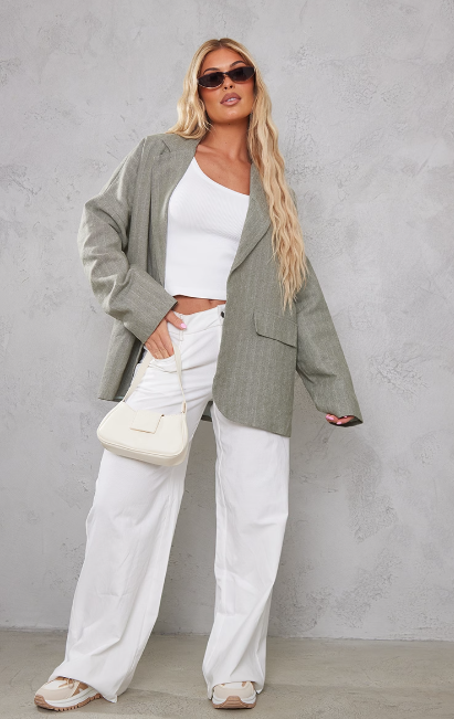 SAGE TEXTURED LIGHTWEIGHT WOOL LOOK DROPPED SHOULDER OVERSIZED BLAZER