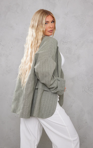 SAGE TEXTURED LIGHTWEIGHT WOOL LOOK DROPPED SHOULDER OVERSIZED BLAZER