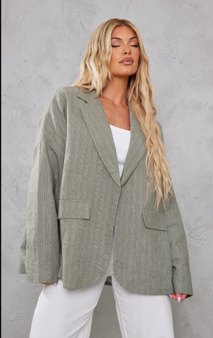 SAGE TEXTURED LIGHTWEIGHT WOOL LOOK DROPPED SHOULDER OVERSIZED BLAZER