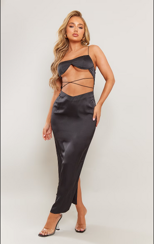 SATIN UNDERWIRED STRAPPY CUT OUT MIDAXI DRESS