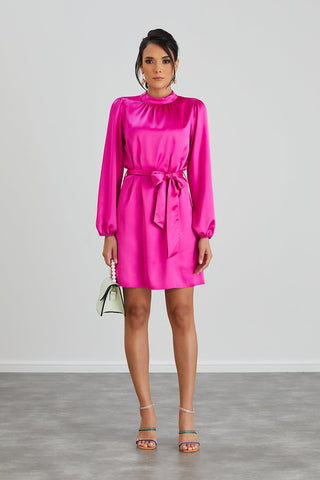 High Neck Long Sleeve Satin Wrap Mini Dress in Pink