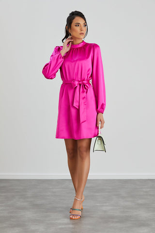 High Neck Long Sleeve Satin Wrap Mini Dress in Pink