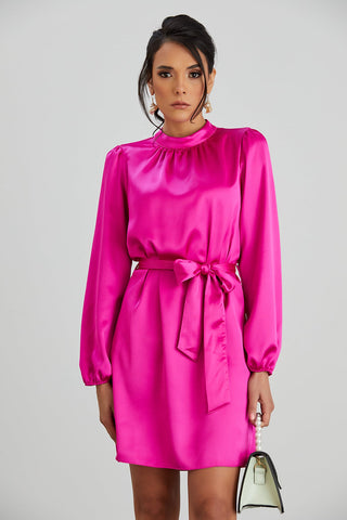 High Neck Long Sleeve Satin Wrap Mini Dress in Pink