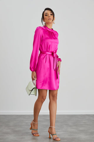 High Neck Long Sleeve Satin Wrap Mini Dress in Pink