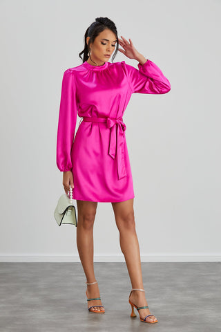 High Neck Long Sleeve Satin Wrap Mini Dress in Pink