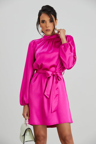 High Neck Long Sleeve Satin Wrap Mini Dress in Pink