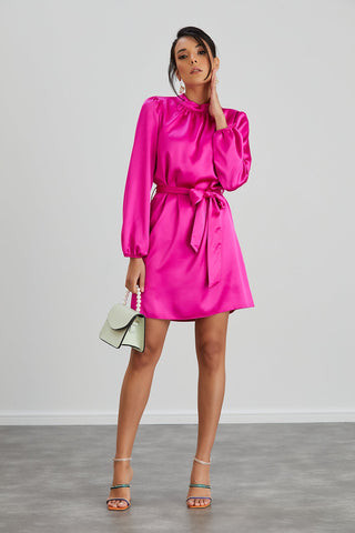 High Neck Long Sleeve Satin Wrap Mini Dress in Pink