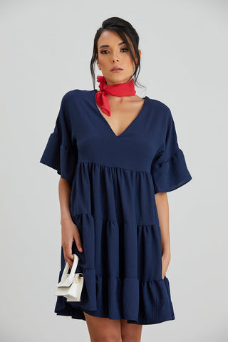 Oversize Mini Ruffle Dress in Navy