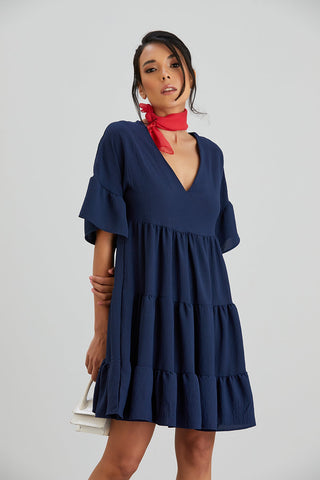 Oversize Mini Ruffle Dress in Navy