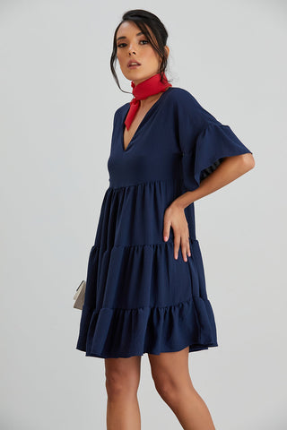 Oversize Mini Ruffle Dress in Navy