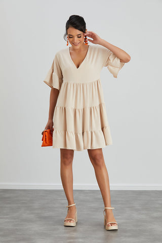 Oversize Mini Ruffle Dress in Beige