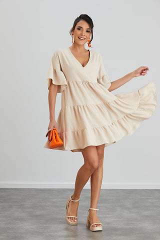 Oversize Mini Ruffle Dress in Beige