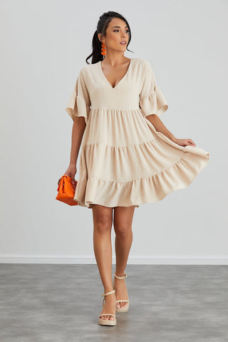 Oversize Mini Ruffle Dress in Beige