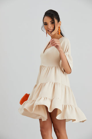 Oversize Mini Ruffle Dress in Beige