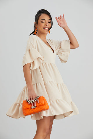 Oversize Mini Ruffle Dress in Beige