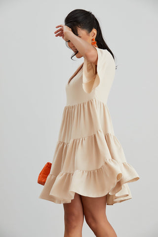 Oversize Mini Ruffle Dress in Beige