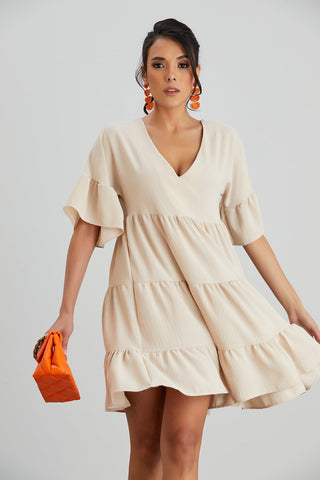 Oversize Mini Ruffle Dress in Beige