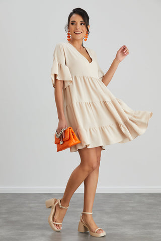 Oversize Mini Ruffle Dress in Beige