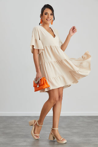 Oversize Mini Ruffle Dress in Beige