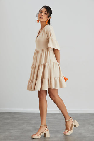 Oversize Mini Ruffle Dress in Beige