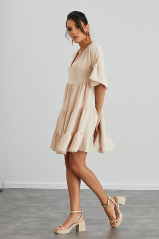 Oversize Mini Ruffle Dress in Beige