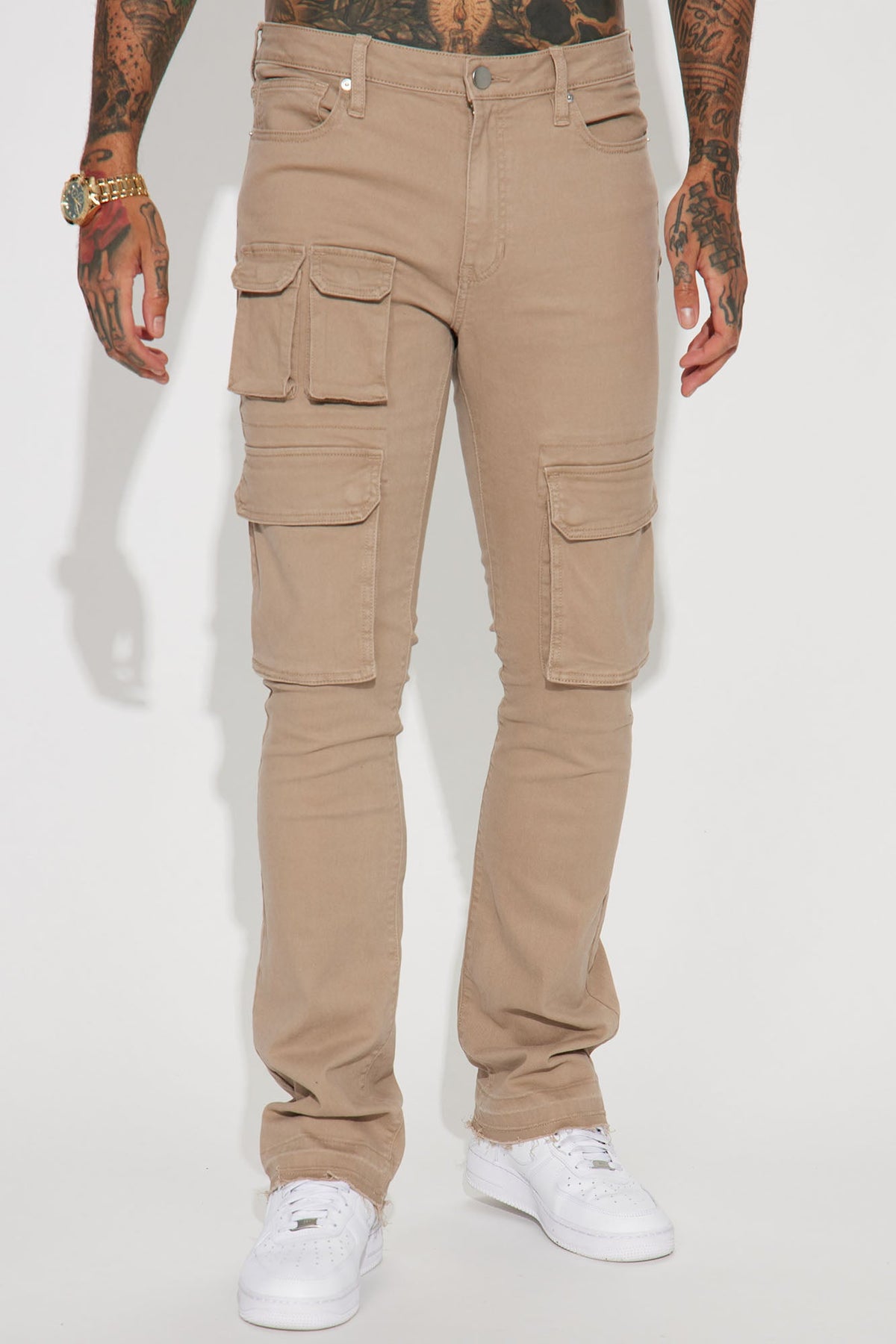 Late To Da Party Cargo Stacked Skinny Flared Pants - Taupe
