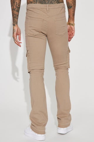 Late To Da Party Cargo Stacked Skinny Flared Pants - Taupe