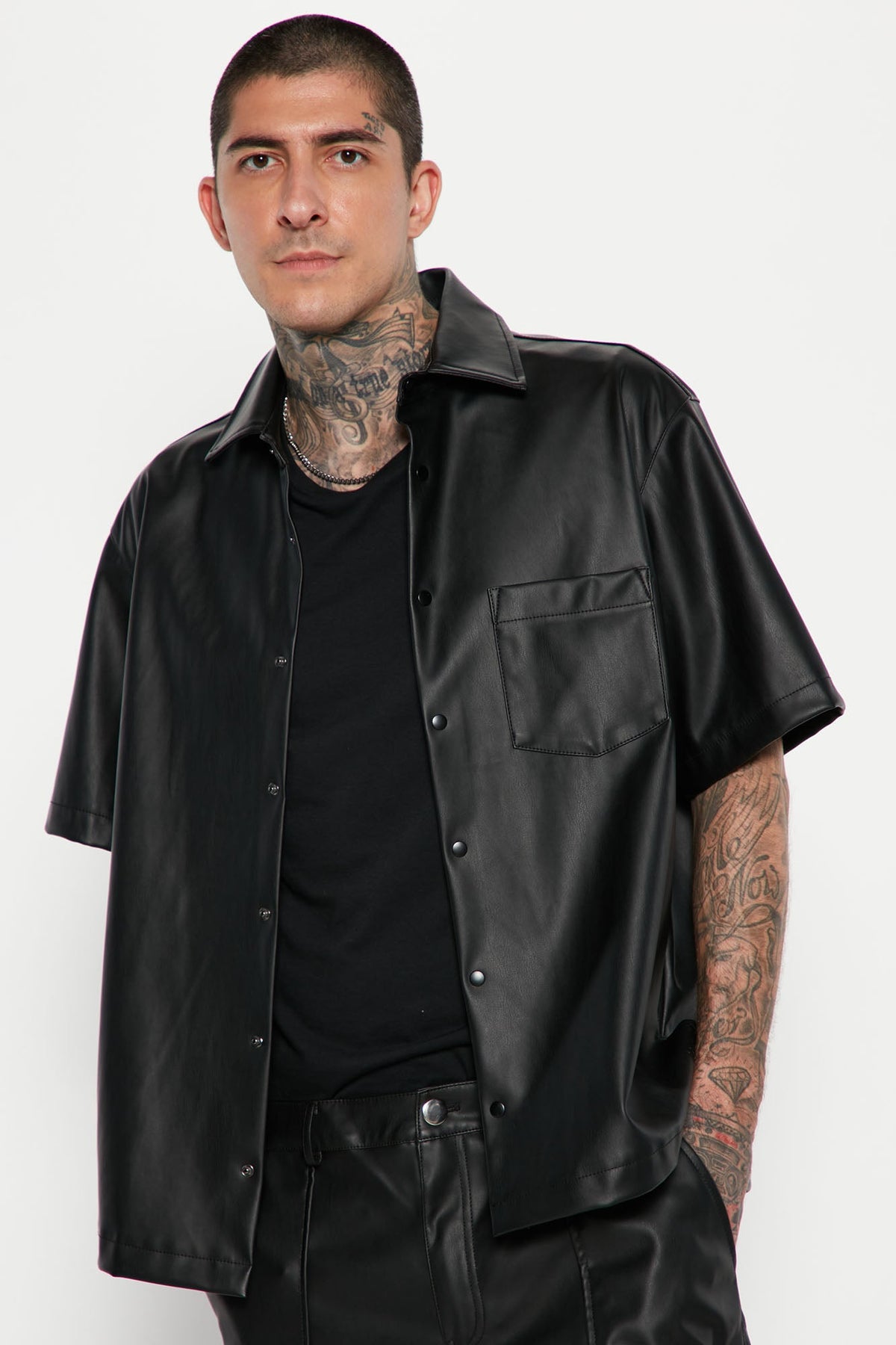 Show Stopping Faux Leather Short Sleeve Shirt - Black