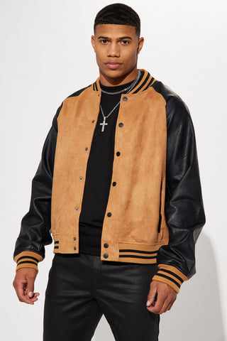 Faux Suede Raglan Varsity Jacket - Camel/combo