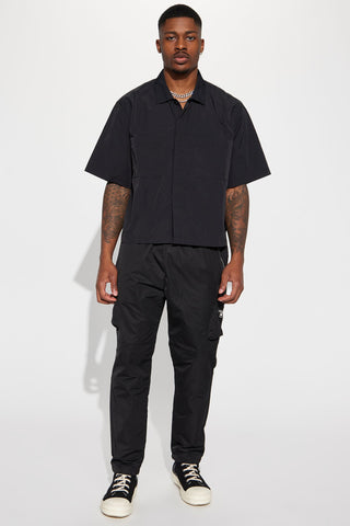 Rain Or Shine Cropped Nylon Button Up Shirt - Black