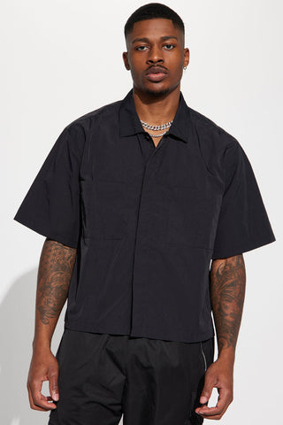 Rain Or Shine Cropped Nylon Button Up Shirt - Black