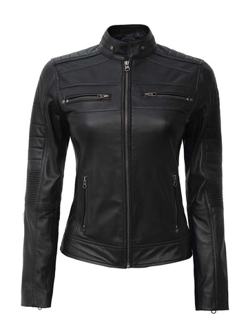 Austin Women Black Cafe Racer Leather Jacket for