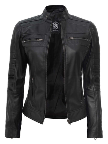 Austin Women Black Cafe Racer Leather Jacket for