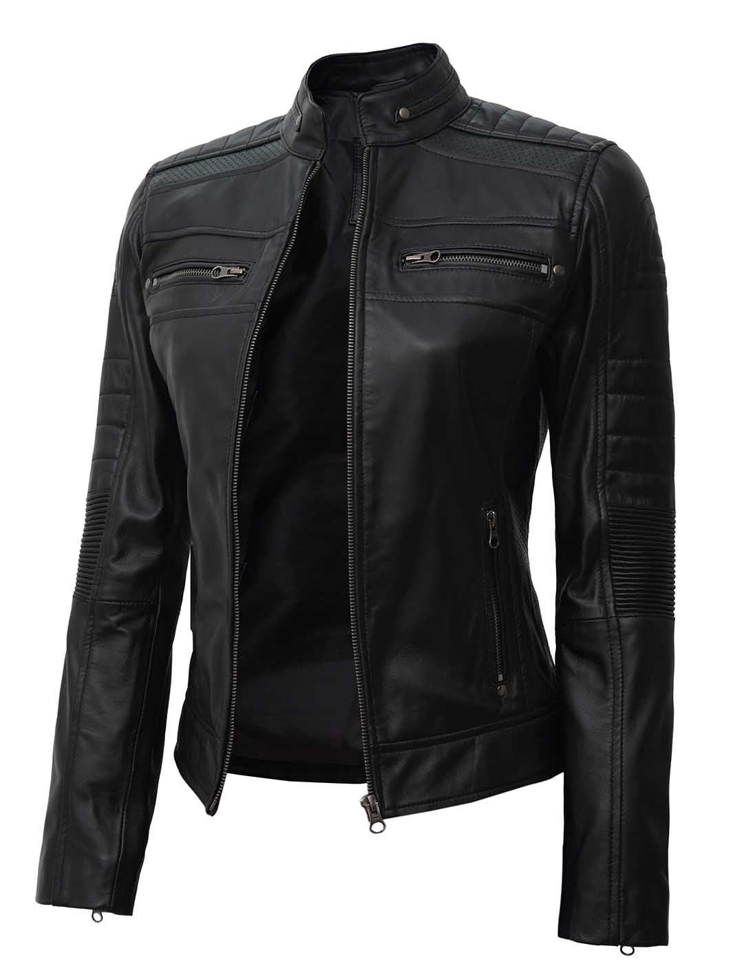 Austin Women Black Cafe Racer Leather Jacket for